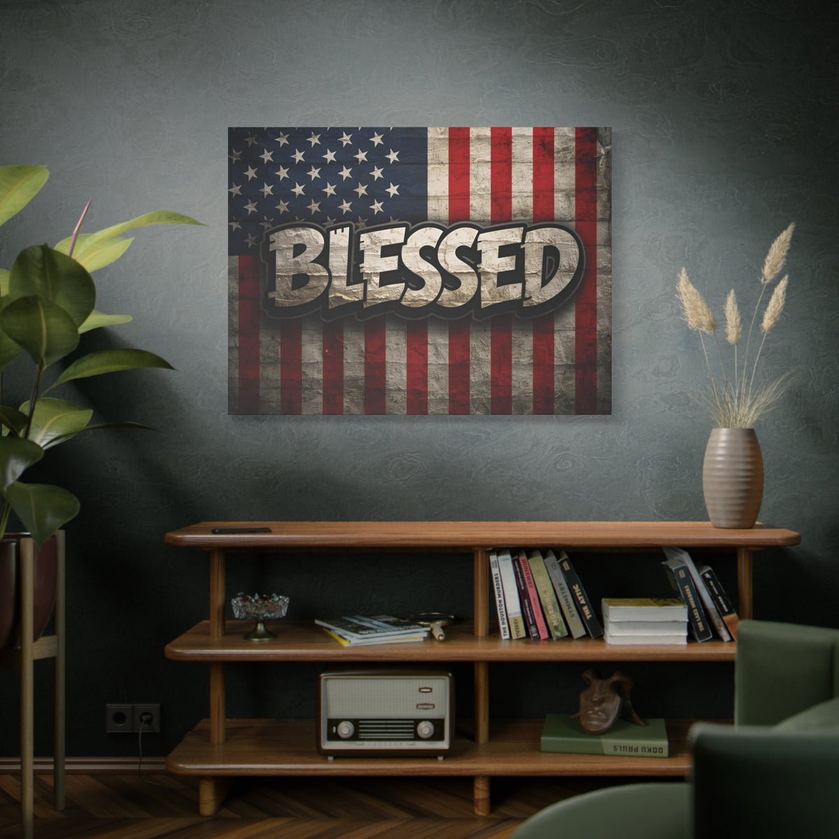 Blessed Vintage American Flag Canvas Wall Art - Patriotic Home Decor