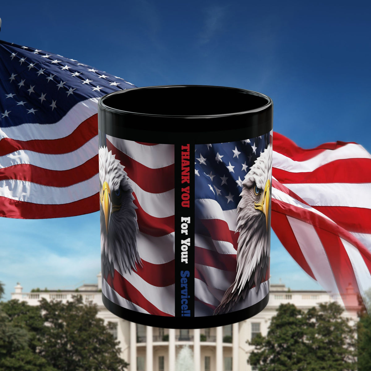 Thank You For Your Service Black Mug - Patriotic American Flag Bald Eagle - 11oz