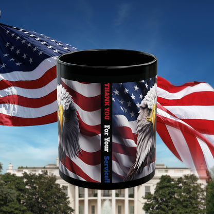 Thank You For Your Service Black Mug - Patriotic American Flag Bald Eagle - 11oz