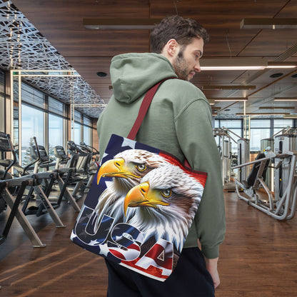 Patriotic - USA - Bald Eagles - Tote Bag - All Over Print - American Flag Design - Five Different Handle Colors - Red - Navy - Black - Beige - White- Different Print On Both Sides