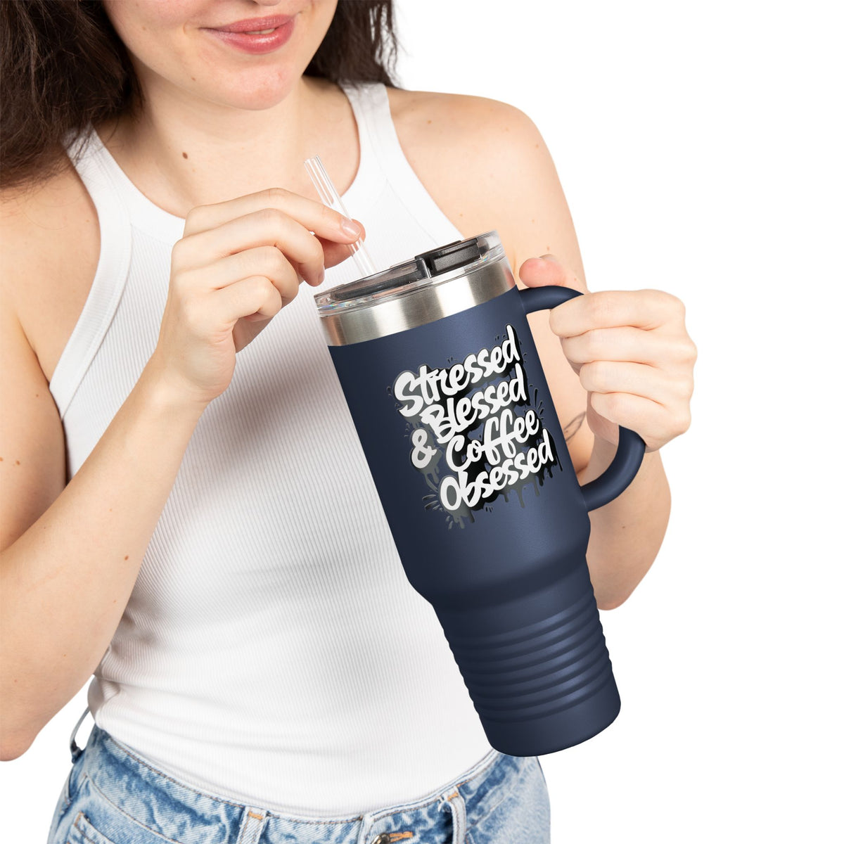 Stressed Blessed & Coffee Obsessed 40oz Travel Mug - Insulated - 7 Colors