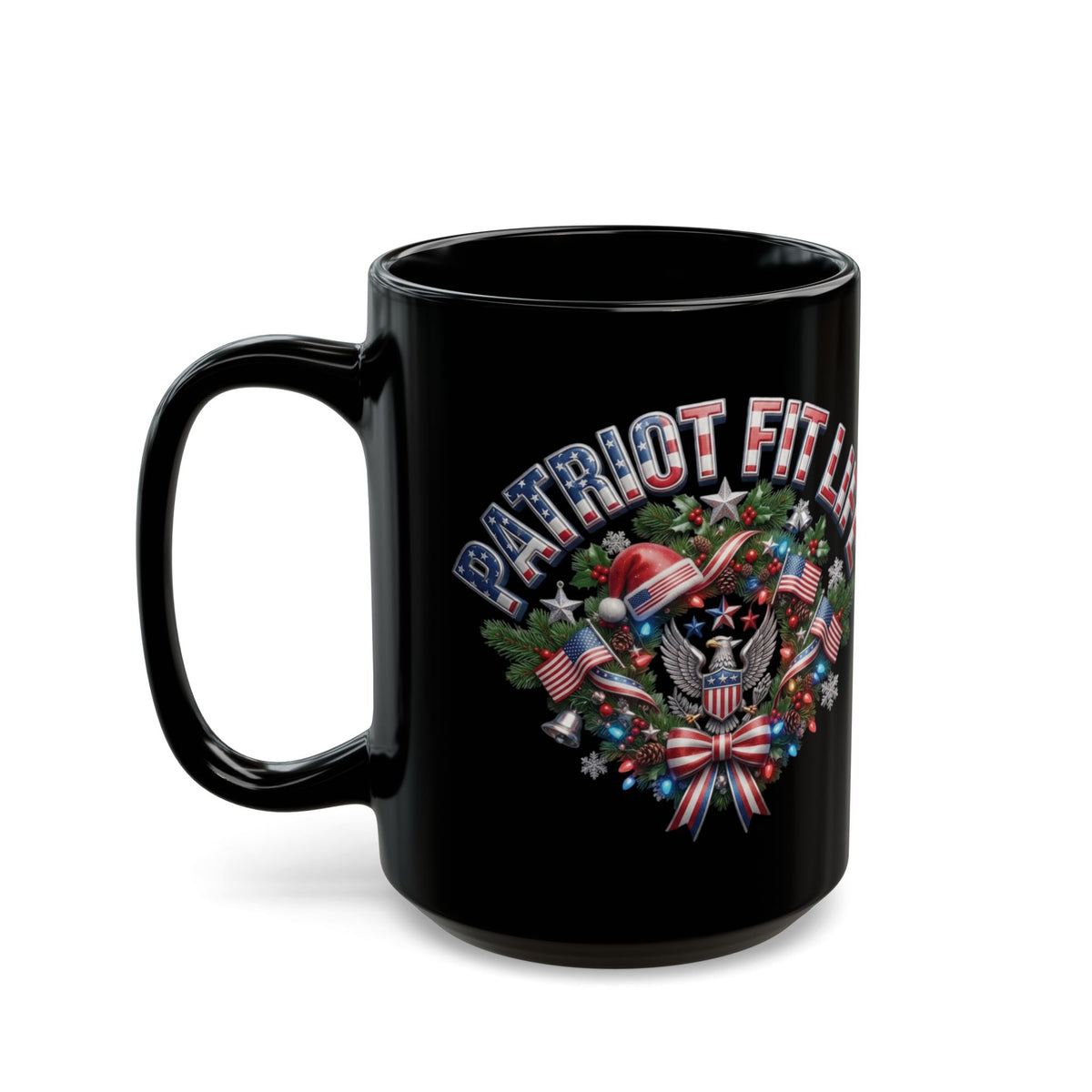 Patriot Fit Life Christmas Coffee Mug - Eagle Wreath with Flags, Lights & Stars Bow | 11oz & 15oz