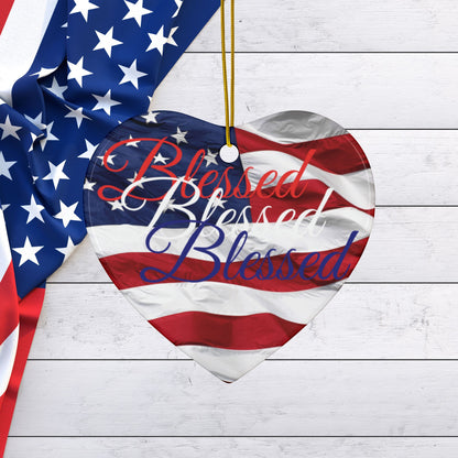 Patriotic Ceramic Ornaments - Blessed Design - American Flag Backdrop - Red White & Blue Blessed Print Design - (Multi-Pack) Options (1, 3, 5, or 10 pieces)