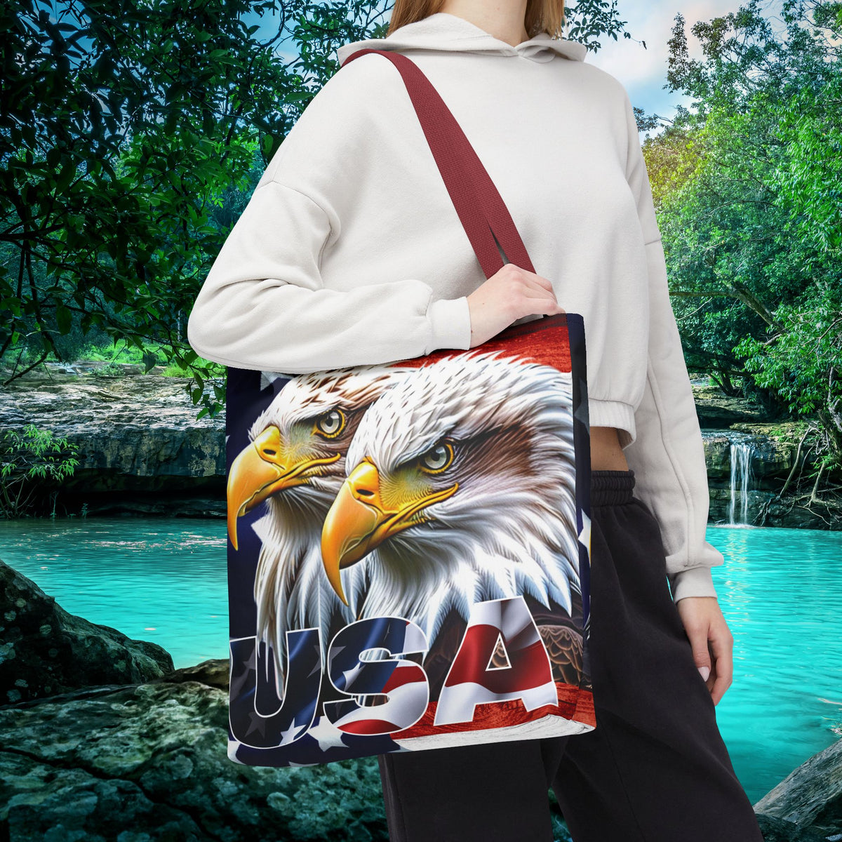 Patriotic - USA - Bald Eagles - Tote Bag - All Over Print - American Flag Design - Five Different Handle Colors - Red - Navy - Black - Beige - White- Different Print On Both Sides