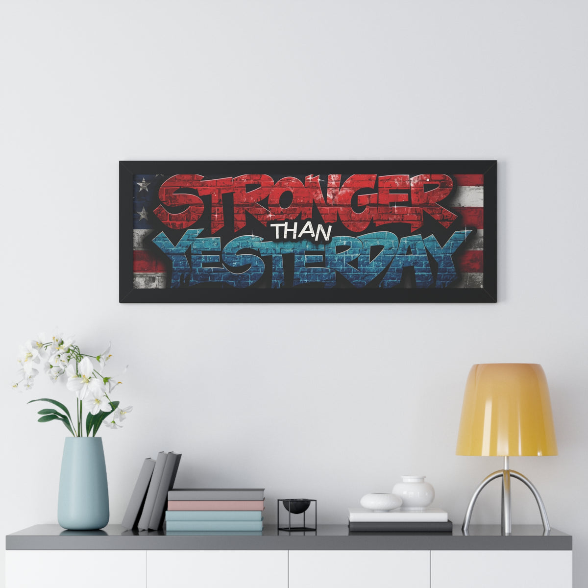 Patriotic Stronger Than Yesterday - Red White Blue - Wall Art Print, Framed Horizontal Poster, Inspirational Home Decor, Gift for Veterans, Americana Decor, Motivational Art