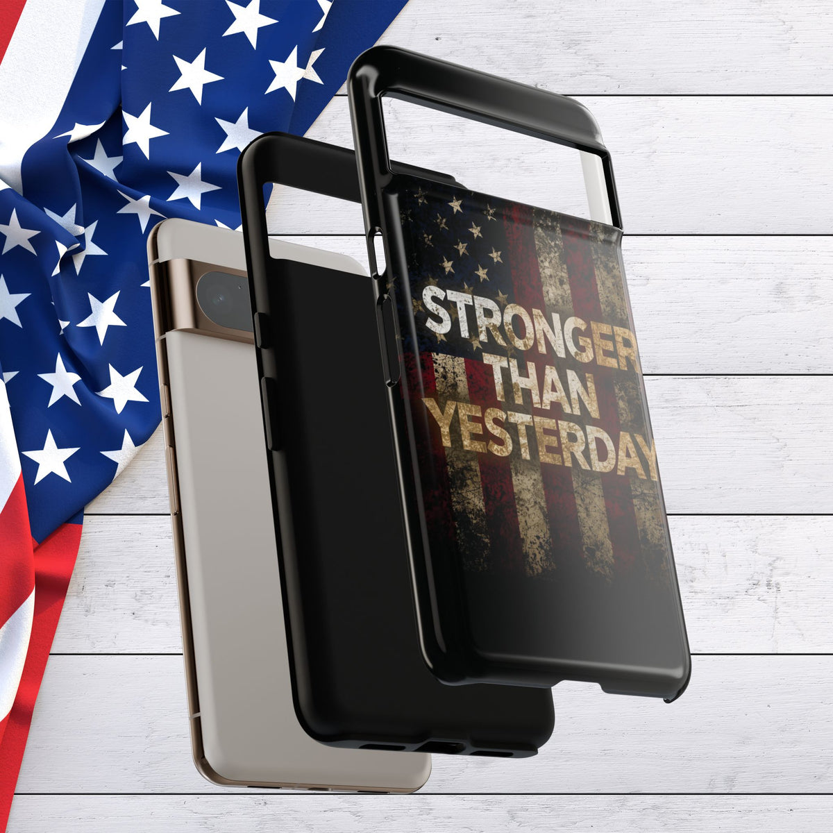 Patriotic Phone Case - Stronger Than Yesterday Design - Up Against a Vintage American Flag Background - Gift for Veterans - Motivational Quote - USA Pride - Independence Day