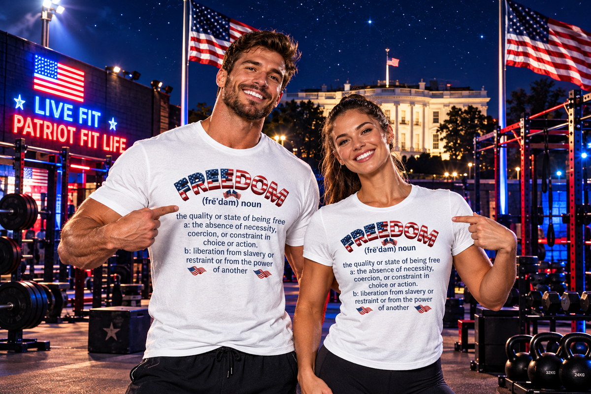 A man and a woman standing together in a gym at night, both wearing matching white graphic T-shirts with a patriotic red, white, and blue design and the word 'FREEDOM' printed on the front. The background shows a lit-up fitness center with American flags, weights, and the White House in the distance.