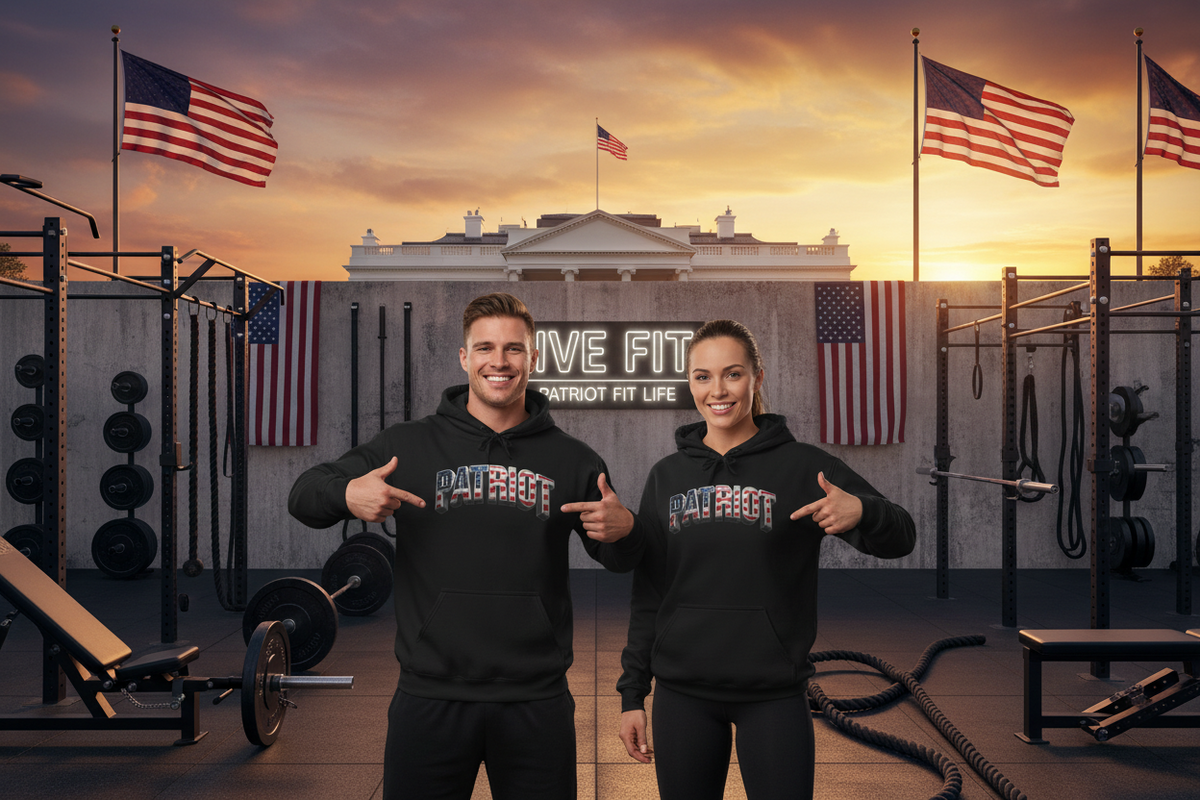 A man and a woman standing in an outdoor gym setting wearing matching black pullover hoodies with a patriotic graphic that reads 'PATRIOT' on the front. The background features a gym with weight racks, American flags, and a building facade under a sunset sky.