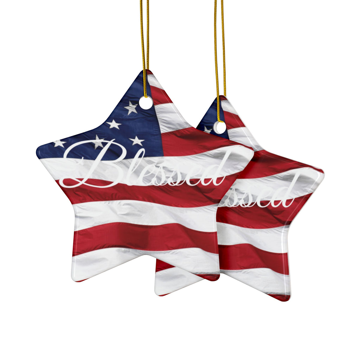 Ceramic Ornaments - White Blessed Print - American Flag Backdrop - Red White & Blue Design (1-10pcs)