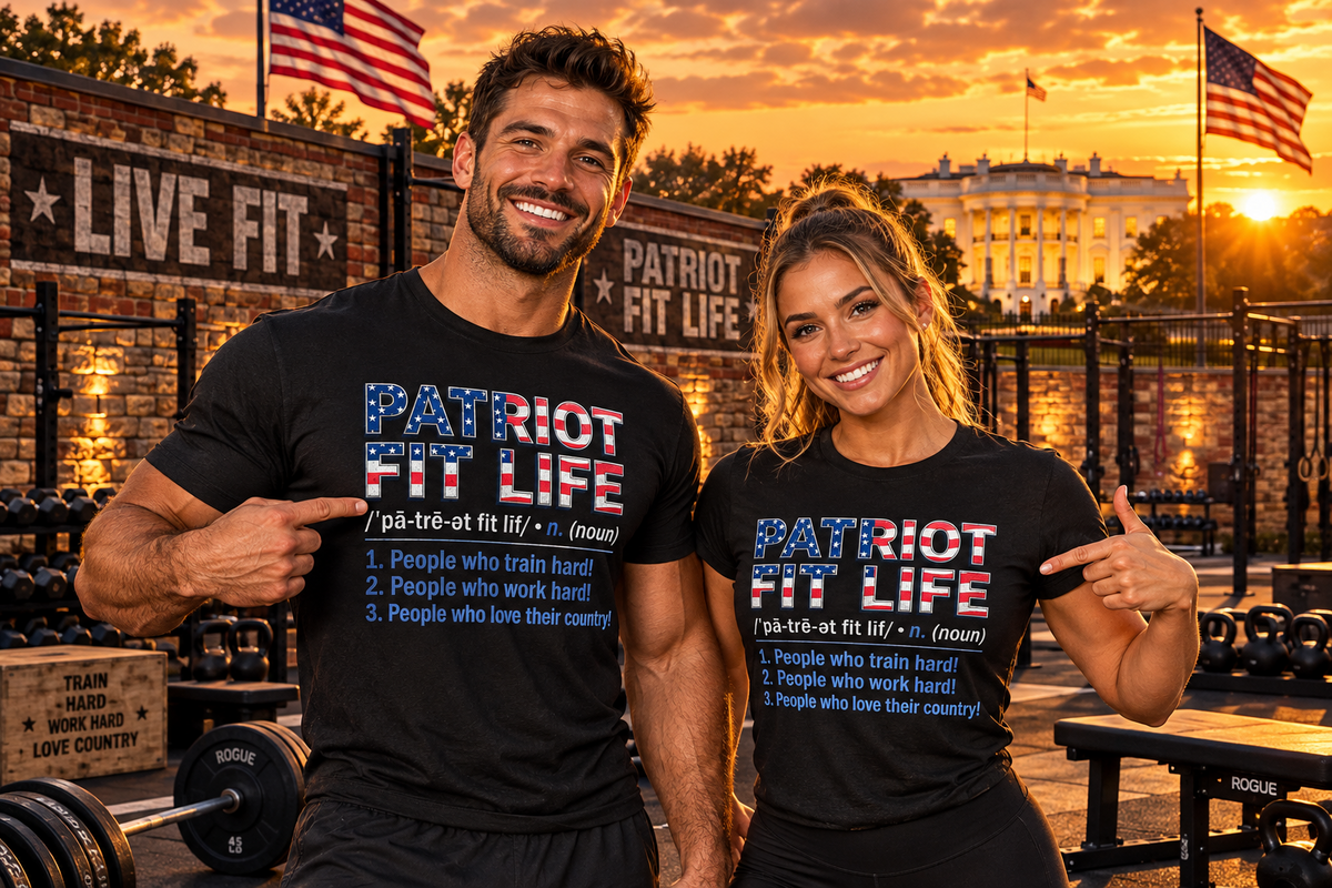 A man and a woman posing together in a gym at sunset, both wearing matching black t-shirts with a patriotic red, white, and blue graphic that reads 'PATRIOT FIT LIFE' with a dictionary-style definition. The background shows a stone wall, American flags, and the White House in the distance.