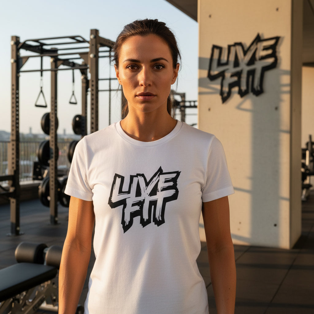White t-shirt with 'LIVE FIT' graphic in a modern indoor setting.