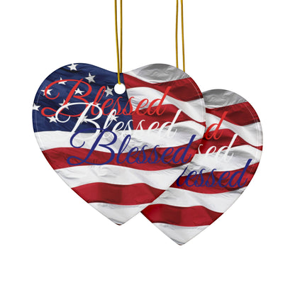 Patriotic Ceramic Ornaments - Blessed Design - American Flag Backdrop - Red White & Blue Blessed Print Design - (Multi-Pack) Options (1, 3, 5, or 10 pieces)