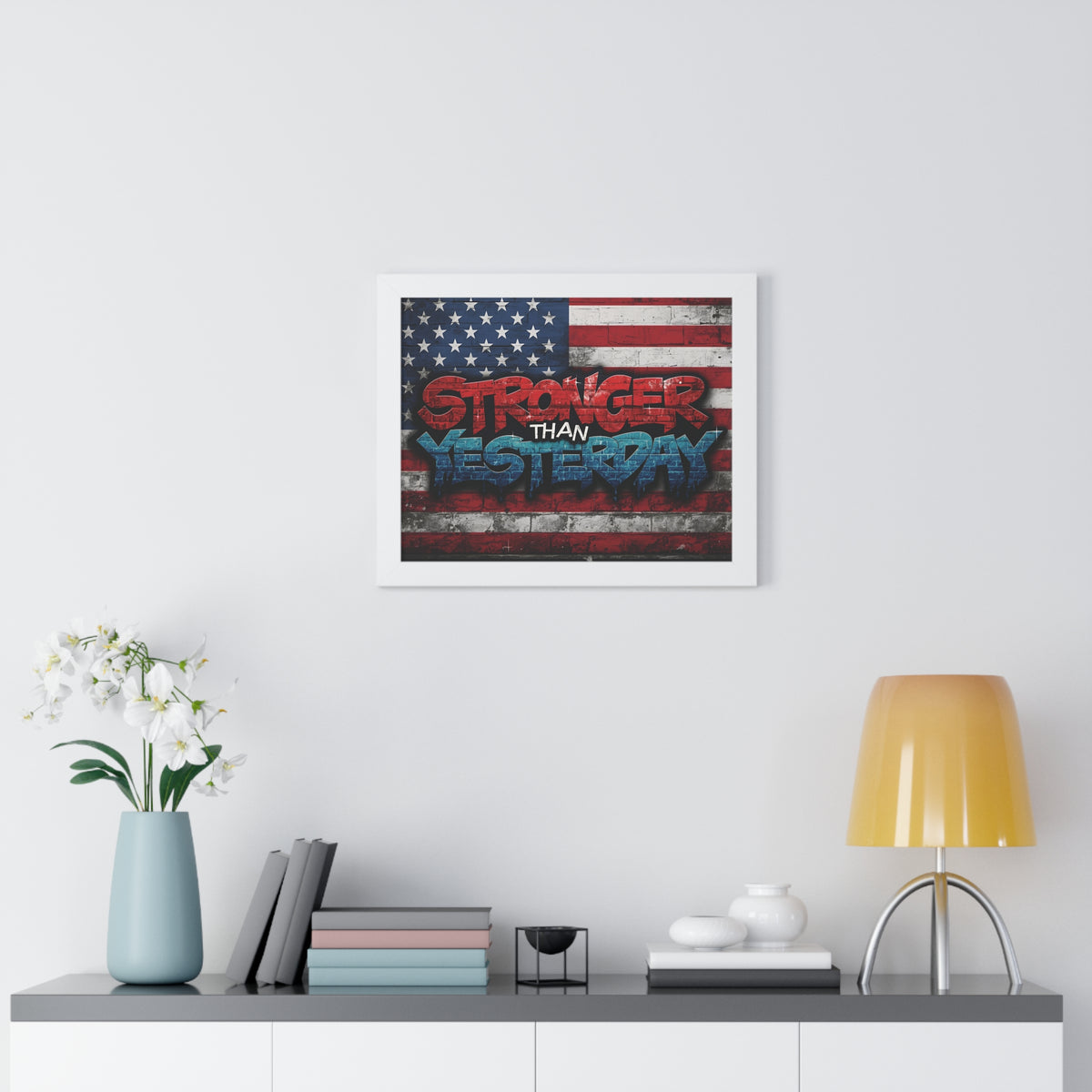 Patriotic Stronger Than Yesterday - Red White Blue - Wall Art Print, Framed Horizontal Poster, Inspirational Home Decor, Gift for Veterans, Americana Decor, Motivational Art