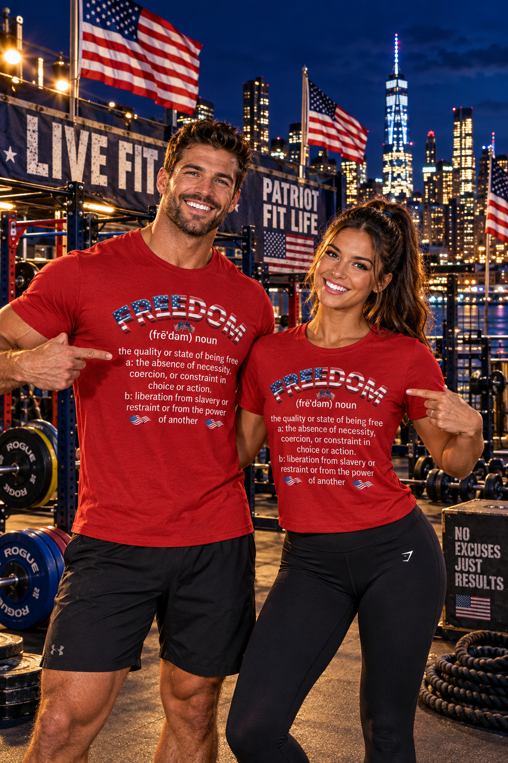 Two smiling fitness coaches posing in matching red t-shirts with a custom dictionary definition of 'Freedom (the damn) noun' printed on the front, set against a nighttime New York City skyline gym background.