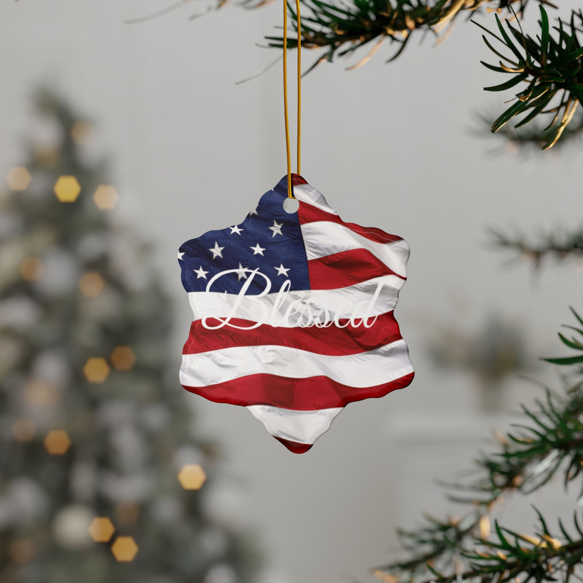 Ceramic Ornaments - White Blessed Print - American Flag Backdrop - Red White & Blue Design (1-10pcs)