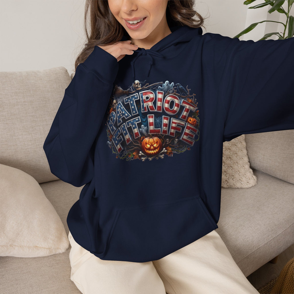 Patriot Fit Life Halloween Hoodie - Haunted Marquee Flag Graphic | Skeleton Pumpkin | Unisex S-5XL