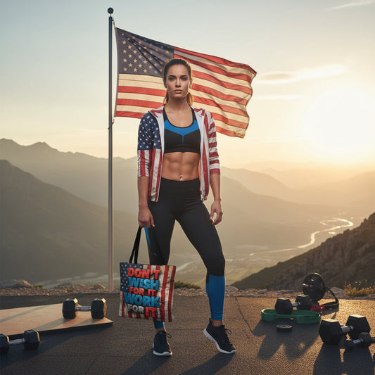 Motivational Tote Bag - Vintage American Flag Design - Don't Wish For It Work For It! - Gym - Grocery - Travel - Gifts - Everyday Carry