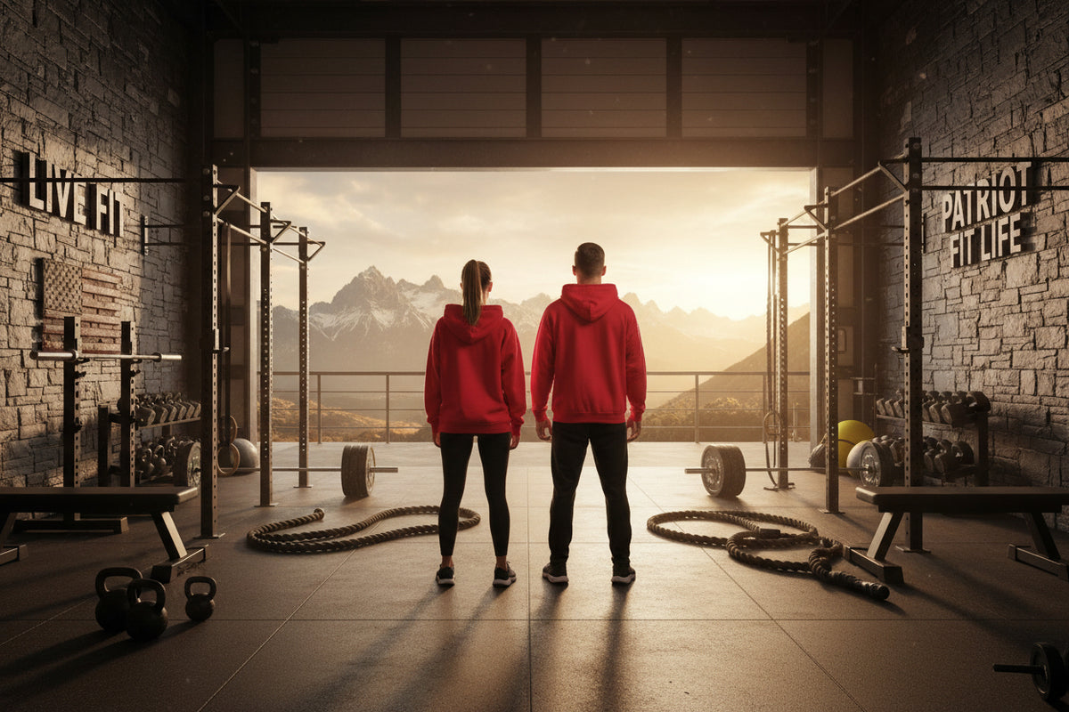 A man and a woman stand with their backs to the camera in a gym, looking toward the mountains at sunset. The scene includes weight racks, dumbbells, kettlebells, a brick wall with 'LIVE FIT' lettering, and American flags.