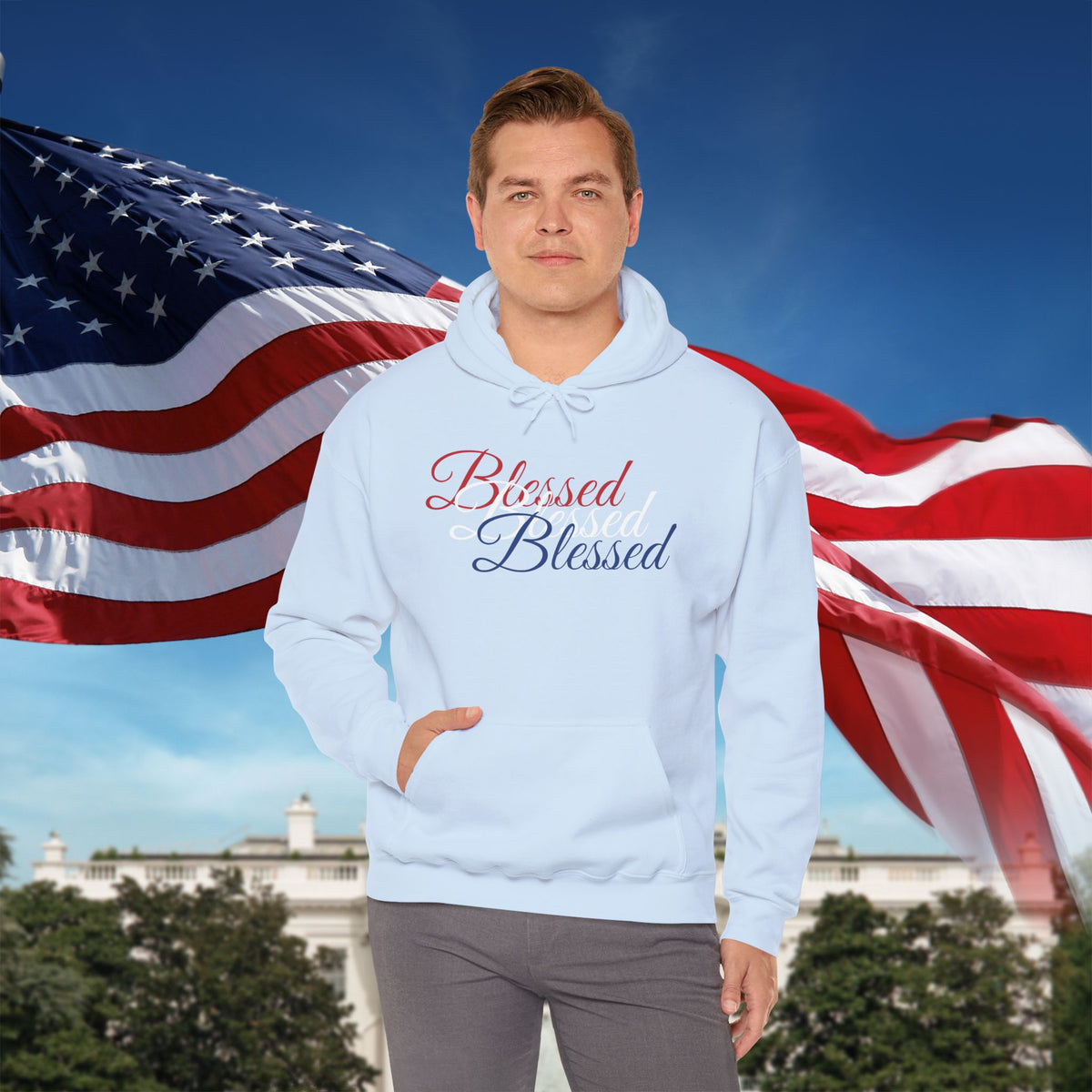 Blessed Hoodie - Patriotic Red White Blue - Unisex Pullover - Front & Back Print - S-5XL