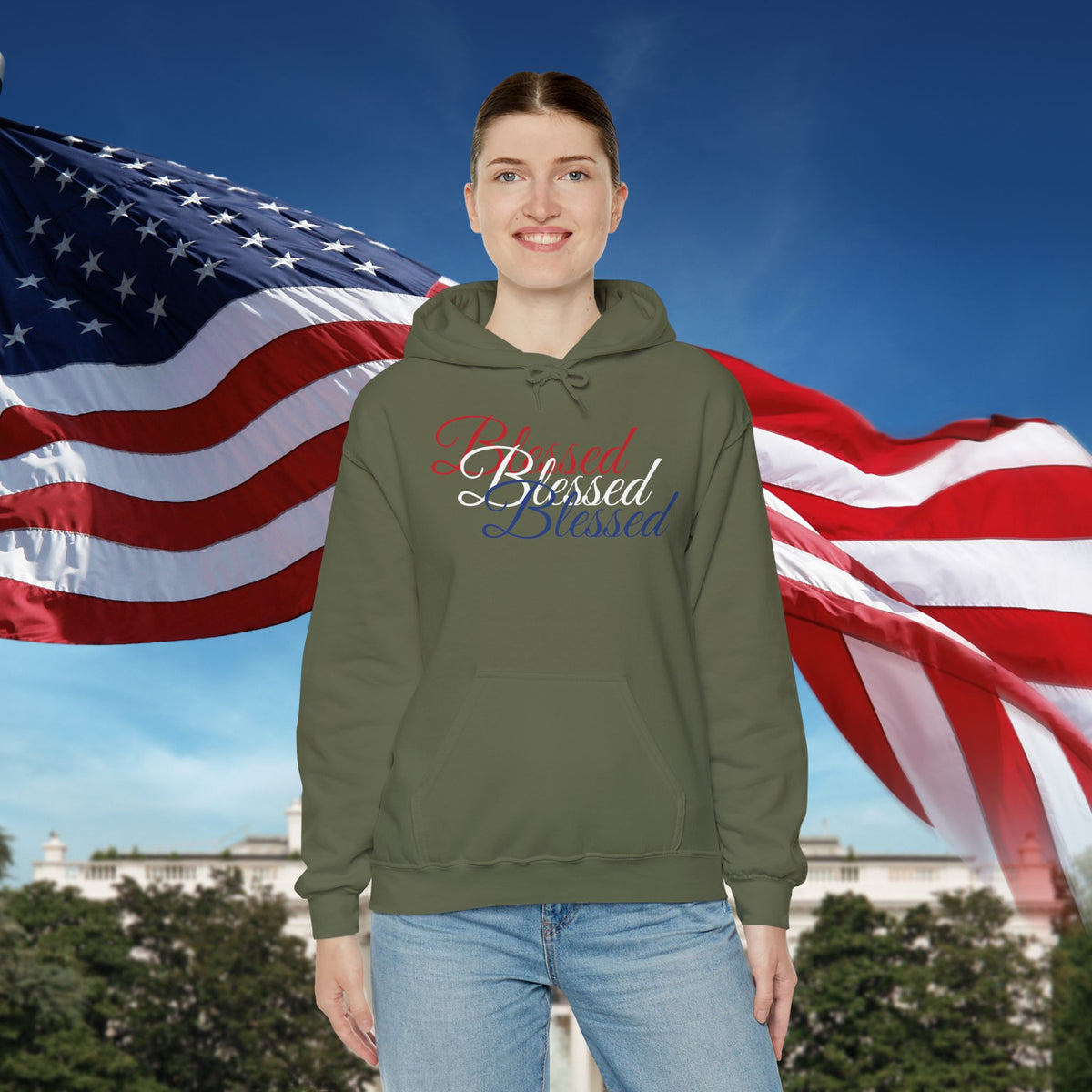 Blessed Hoodie - Patriotic Red White Blue - Unisex Pullover - Front & Back Print - S-5XL