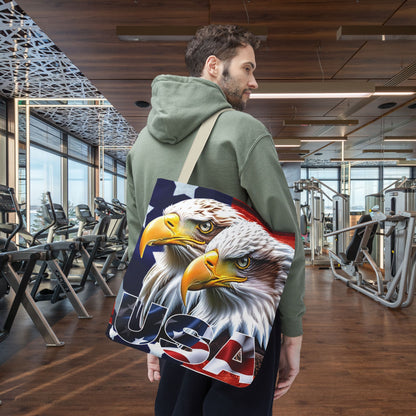 Patriotic - USA - Bald Eagles - Tote Bag - All Over Print - American Flag Design - Five Different Handle Colors - Red - Navy - Black - Beige - White- Different Print On Both Sides