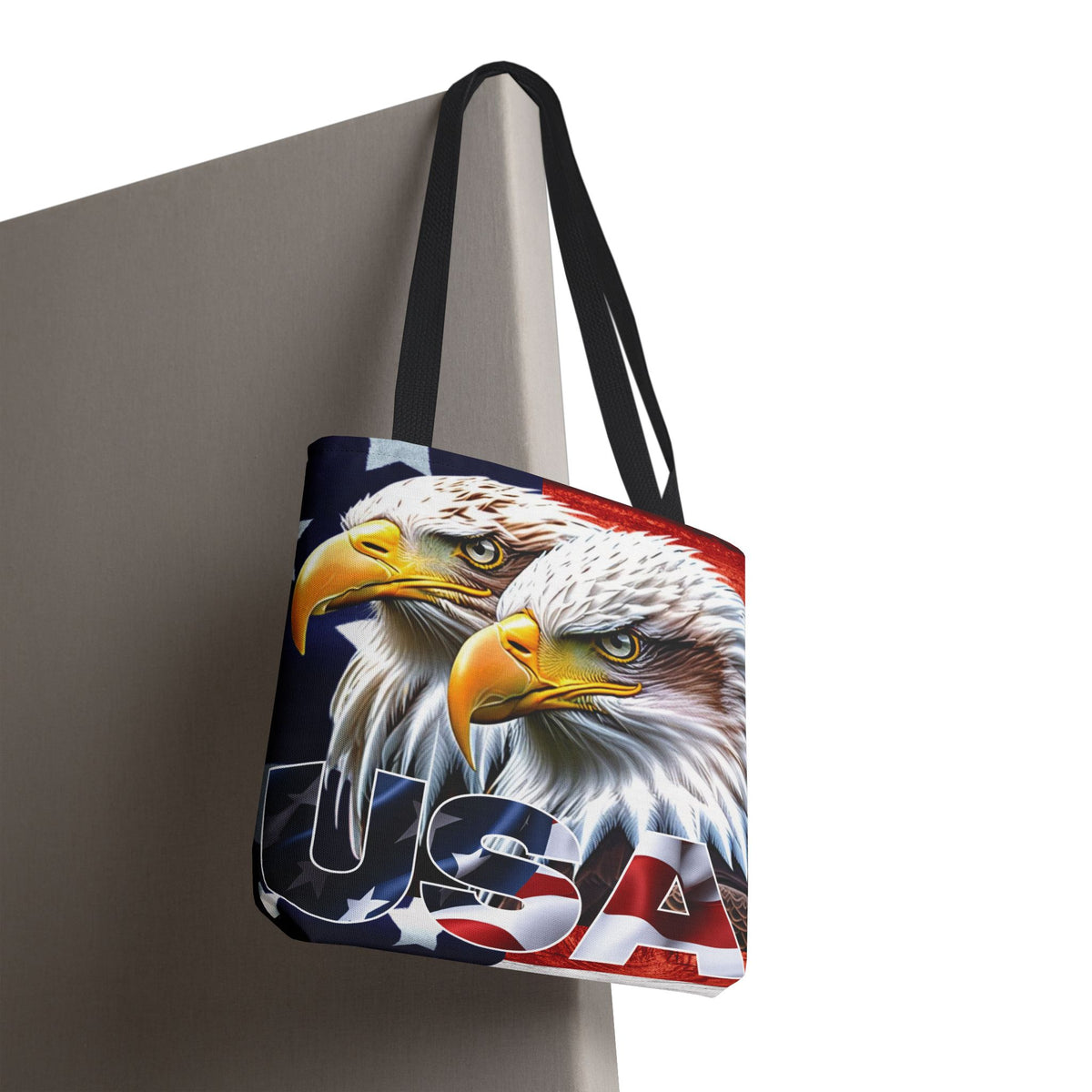 Patriotic - USA - Bald Eagles - Tote Bag - All Over Print - American Flag Design - Five Different Handle Colors - Red - Navy - Black - Beige - White- Different Print On Both Sides