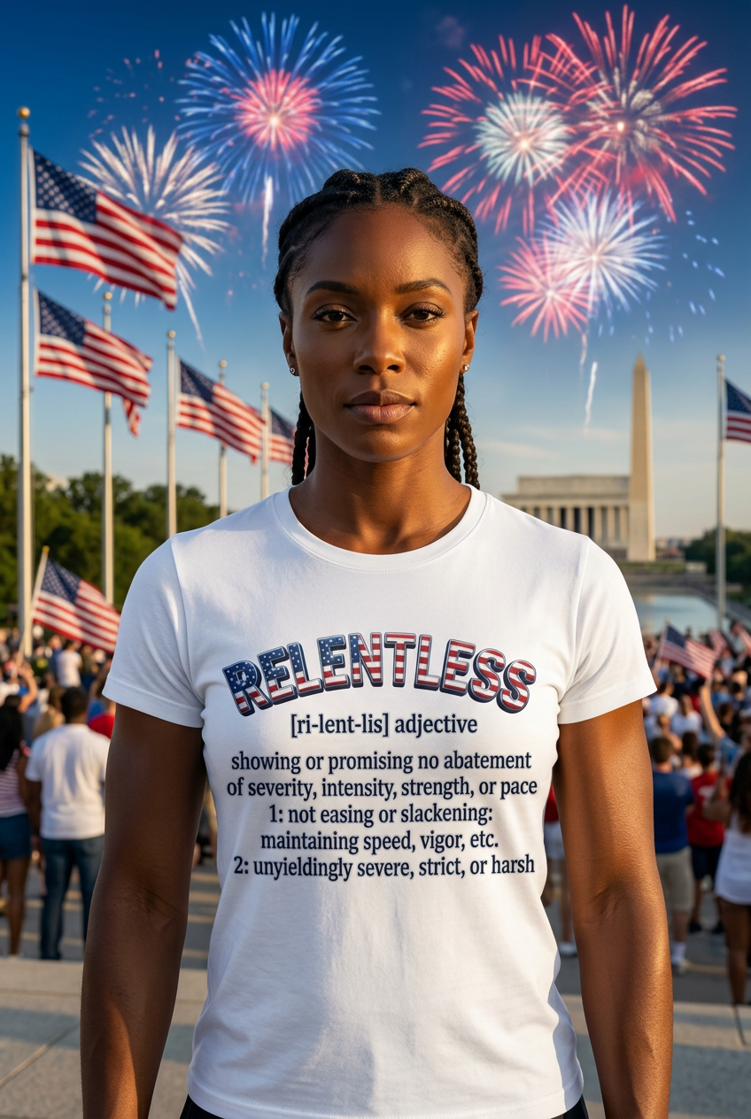 A woman stands outdoors in front of fireworks and the Washington Monument, wearing a white graphic T-shirt with a RELENTLESS dictionary-style definition printed on the front.