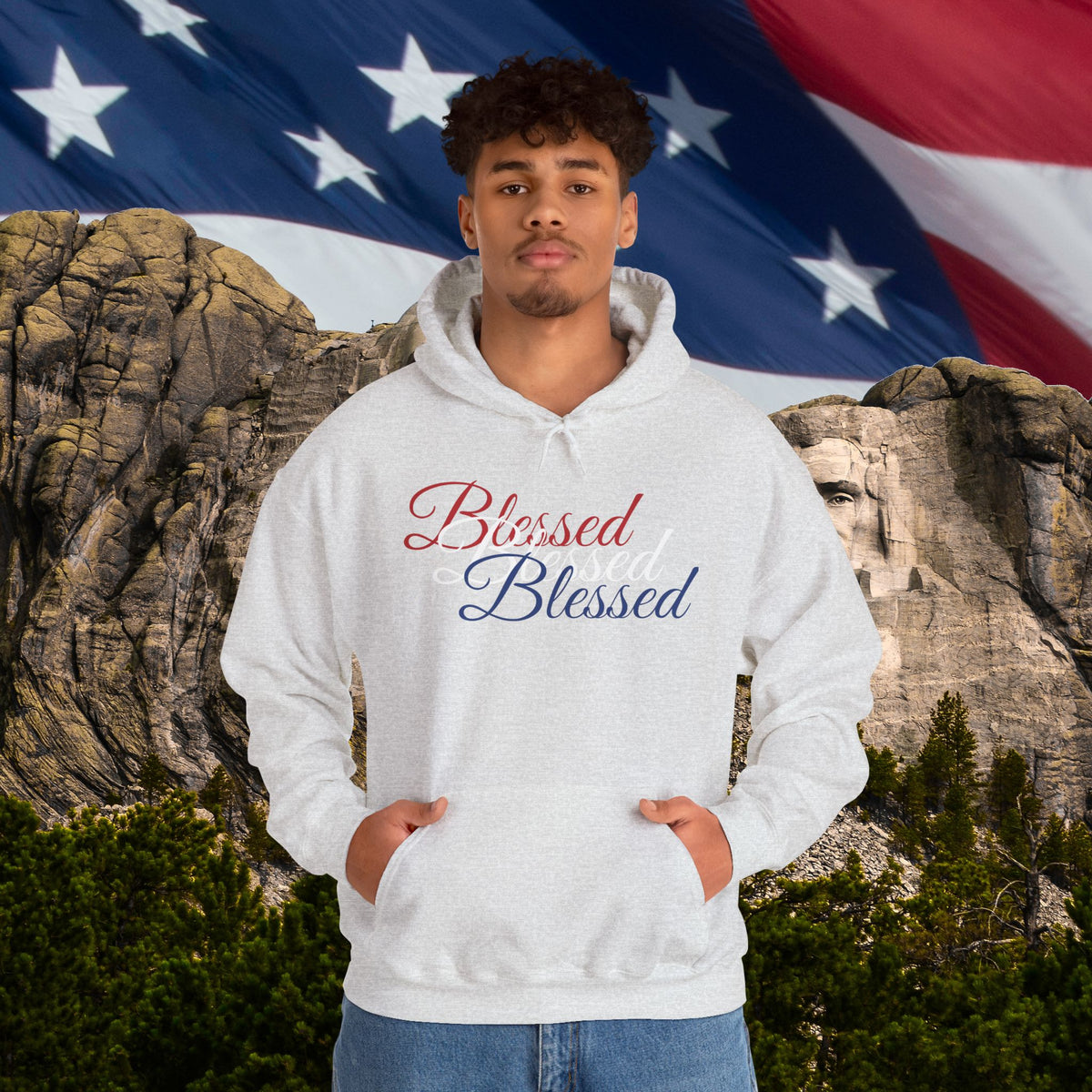 Blessed Hoodie - Patriotic Red White Blue - Unisex Pullover - Front & Back Print - S-5XL