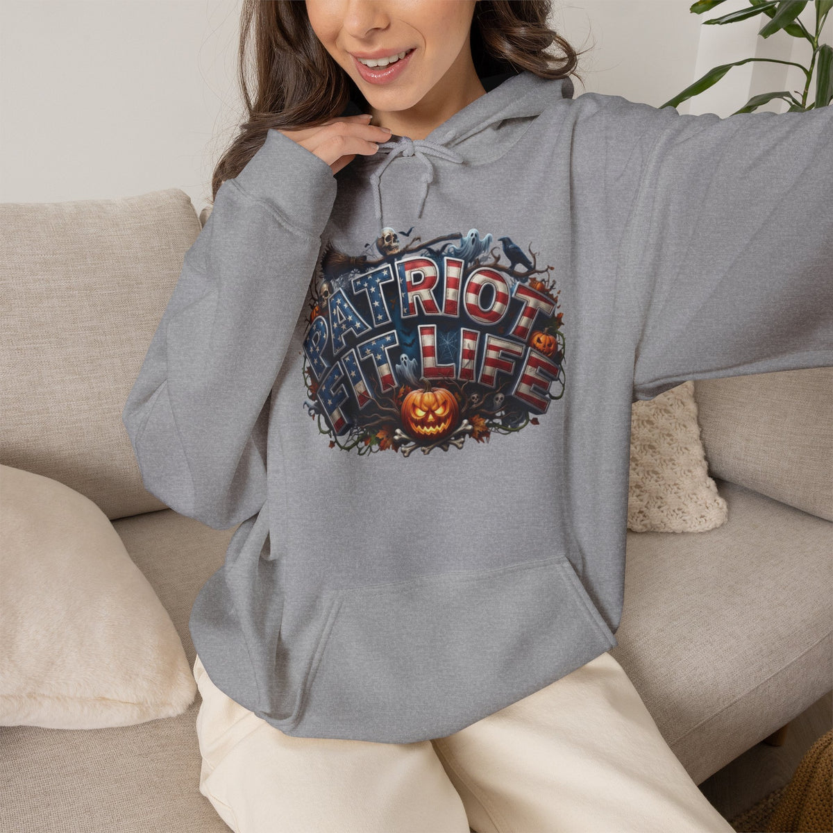 Patriot Fit Life Halloween Hoodie - Haunted Marquee Flag Graphic | Skeleton Pumpkin | Unisex S-5XL