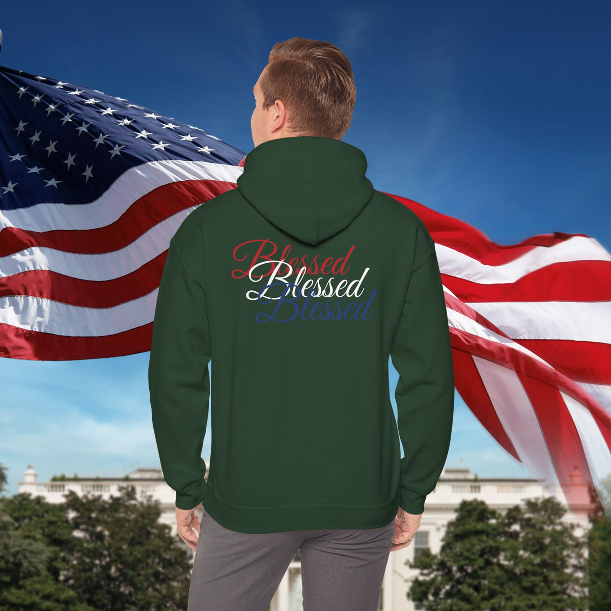 Blessed Hoodie - Patriotic Red White Blue - Unisex Pullover - Front & Back Print - S-5XL