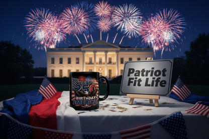 Happy 250th Birthday America Mug | 1776-2026 Patriotic Eagle Flag & Fireworks Black Coffee Cup