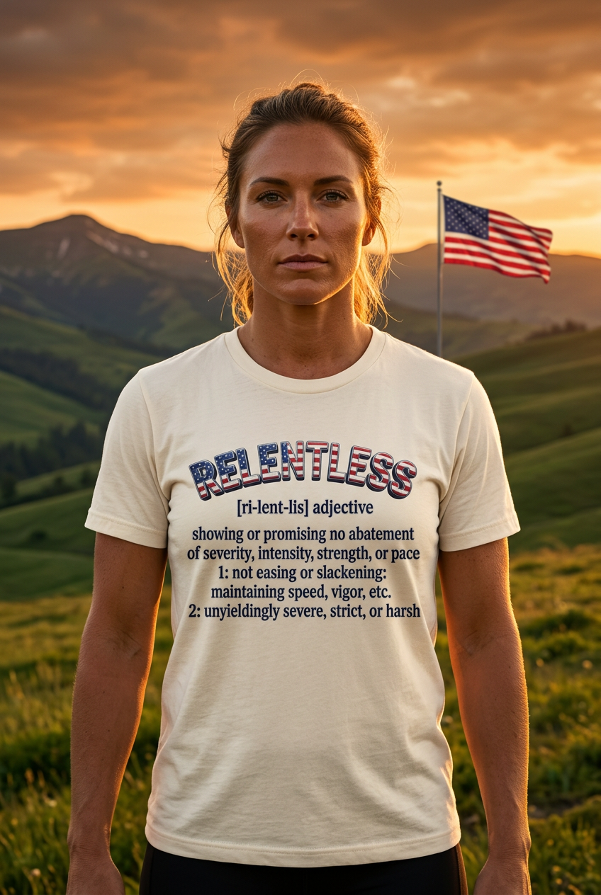 A woman stands outdoors in a grassy field at sunset with mountains and an American flag in the background, wearing a white graphic T-shirt with the word 'RELENTLESS' in patriotic red, white, and blue lettering and a dictionary-style definition printed below.