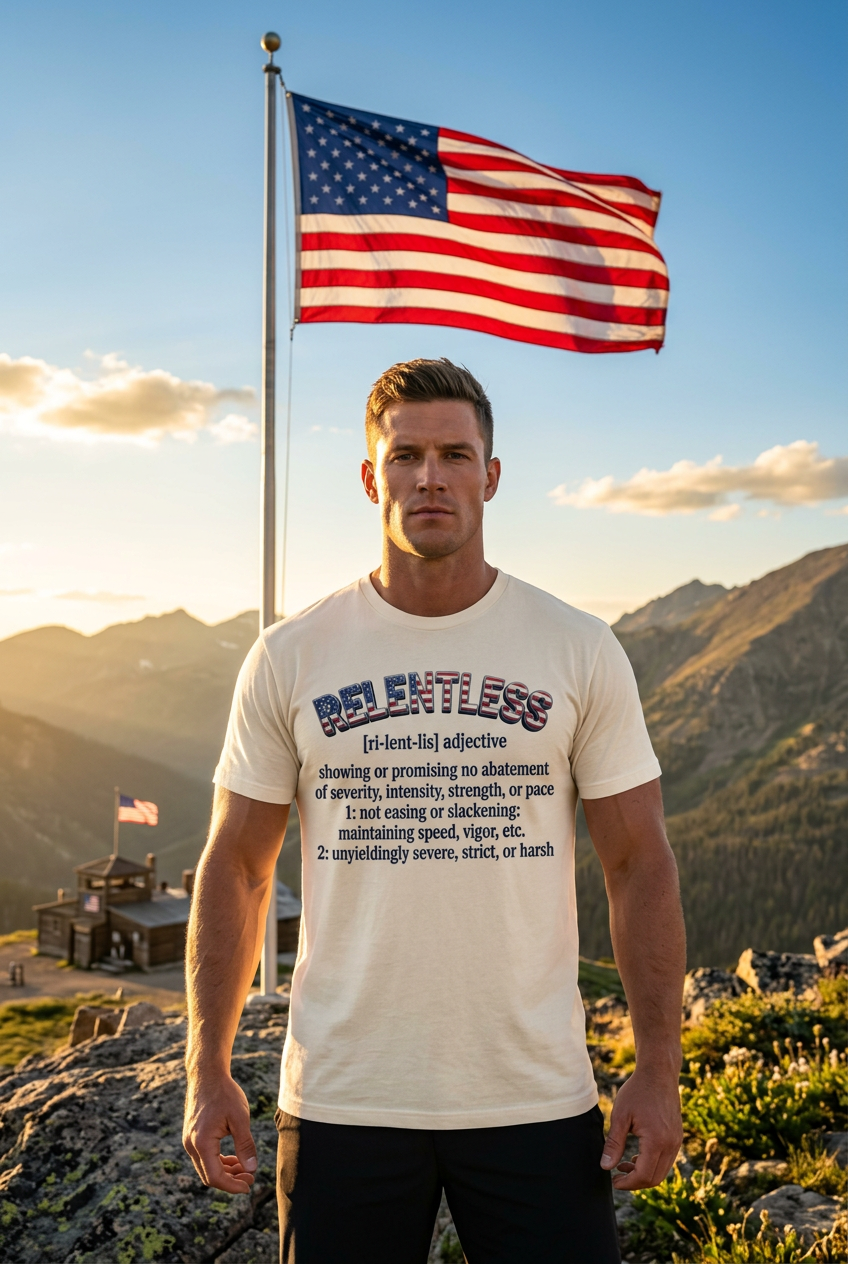 A man stands outdoors on a mountain path wearing a beige RELENTLESS graphic T-shirt with a dictionary-style definition print. A large American flag is visible behind him against a blue sky and rocky mountain landscape.
