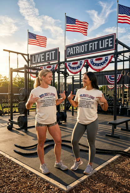 Two women standing in a gym wearing matching beige t-shirts with patriotic red, white, and blue text that reads RELENTLESS.