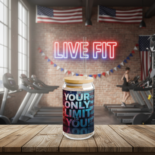 Inspirational Your Only Limit Is You! Sipper Glass - 16oz - Motivational Drinkware - USA Flag Design - Perfect for Gym - Home - Gifts