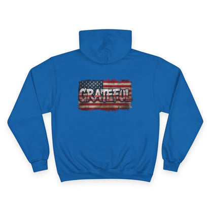 Grateful - Champion Hoodie - Vintage American Flag Design - Red White Blue - Unisex S-3XL