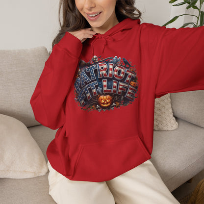 Patriot Fit Life Halloween Hoodie - Haunted Marquee Flag Graphic | Skeleton Pumpkin | Unisex S-5XL