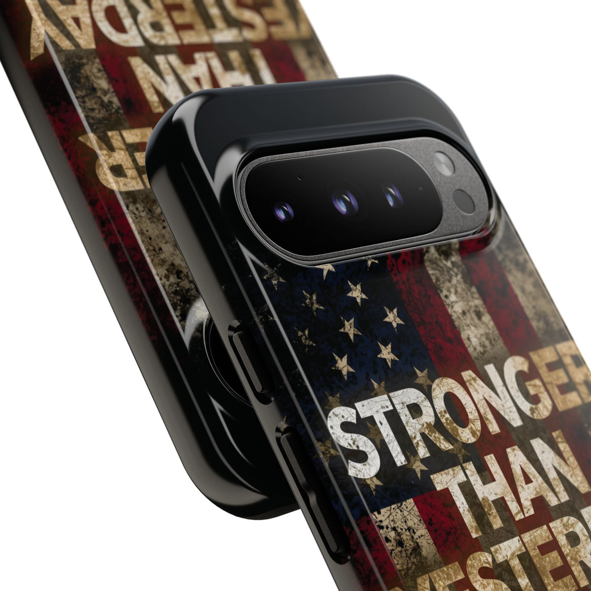 Patriotic Phone Case - Stronger Than Yesterday Design - Up Against a Vintage American Flag Background - Gift for Veterans - Motivational Quote - USA Pride - Independence Day