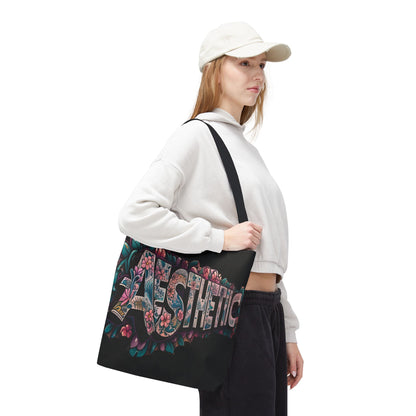 Aesthetic Black Floral Tote Bag - Eco-Friendly Shopping Bag - 3 Sizes