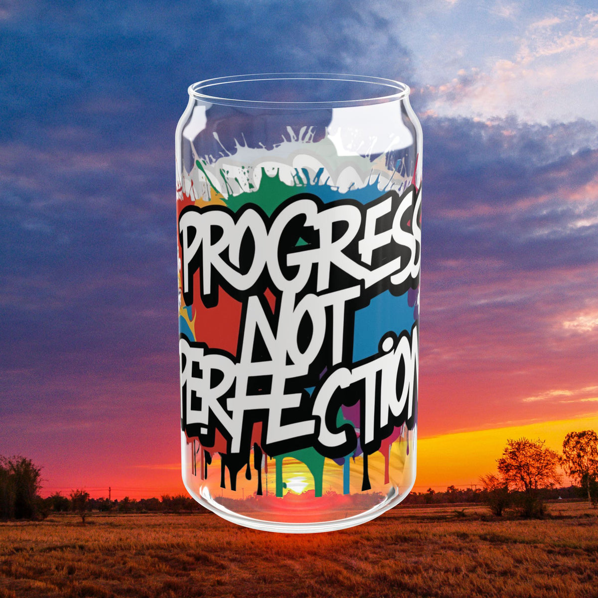 Sipper Glass  16oz - Vibrant - Progress  Not  Perfection  Design