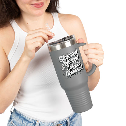 Stressed Blessed & Coffee Obsessed 40oz Travel Mug - Insulated - 7 Colors