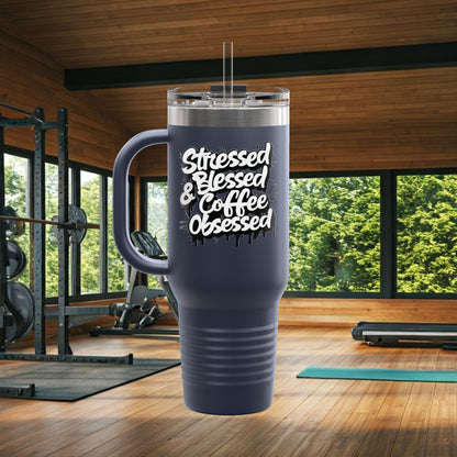 Stressed Blessed & Coffee Obsessed 40oz Travel Mug - Insulated - 7 Colors
