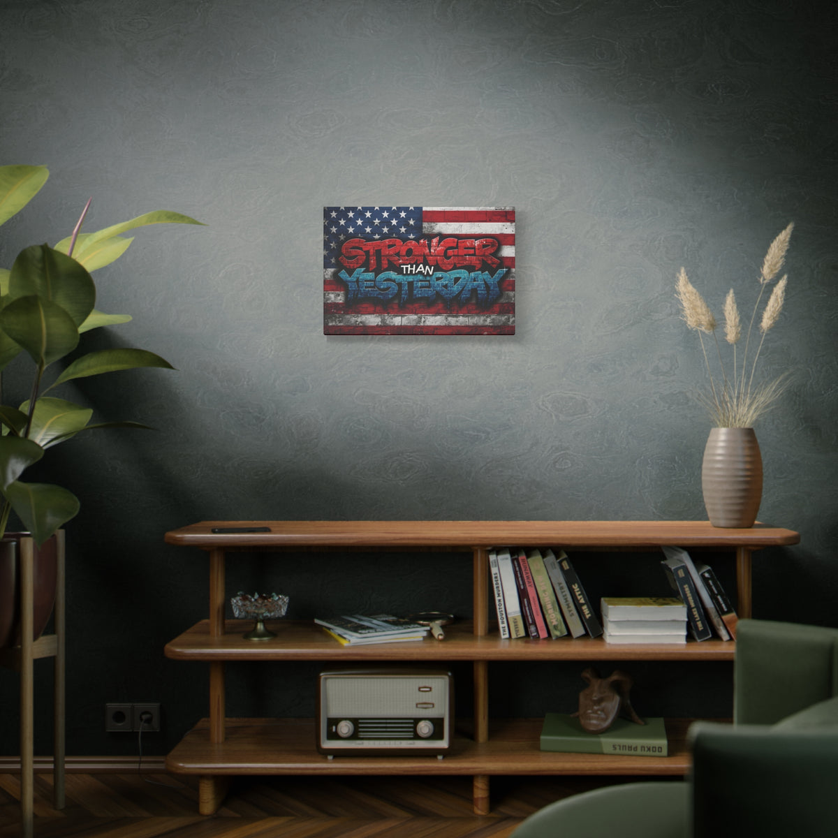 Stronger Than Yesterday Canvas Wall Art - Patriotic Fitness Motivation