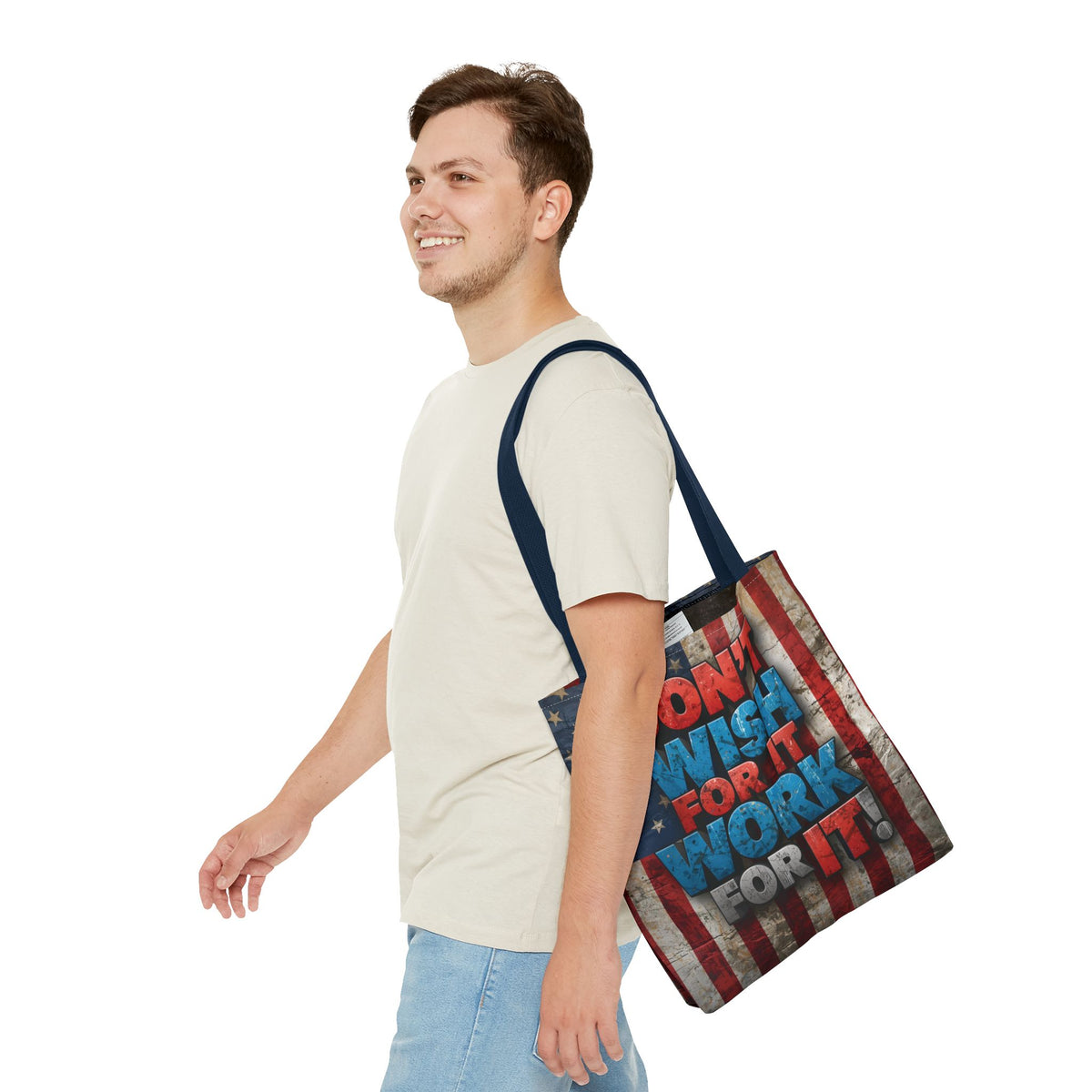 Motivational Tote Bag - Vintage American Flag Design - Don't Wish For It Work For It! - Gym - Grocery - Travel - Gifts - Everyday Carry