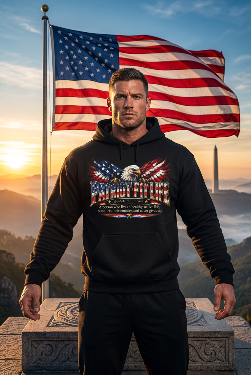 A man wearing a black pullover hoodie with a patriotic graphic on the front stands outdoors in front of a large American flag and a mountain sunset landscape. The hoodie graphic features an eagle, stars, stripes, and the word 'PATRIOT FIT LIFE' with additional dictionary-style definition text below.