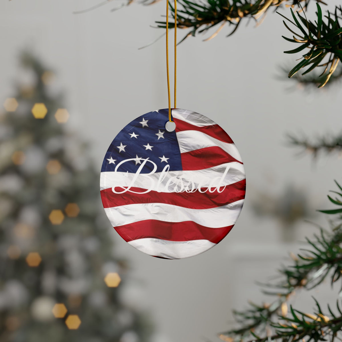 Ceramic Ornaments - White Blessed Print - American Flag Backdrop - Red White & Blue Design (1-10pcs)