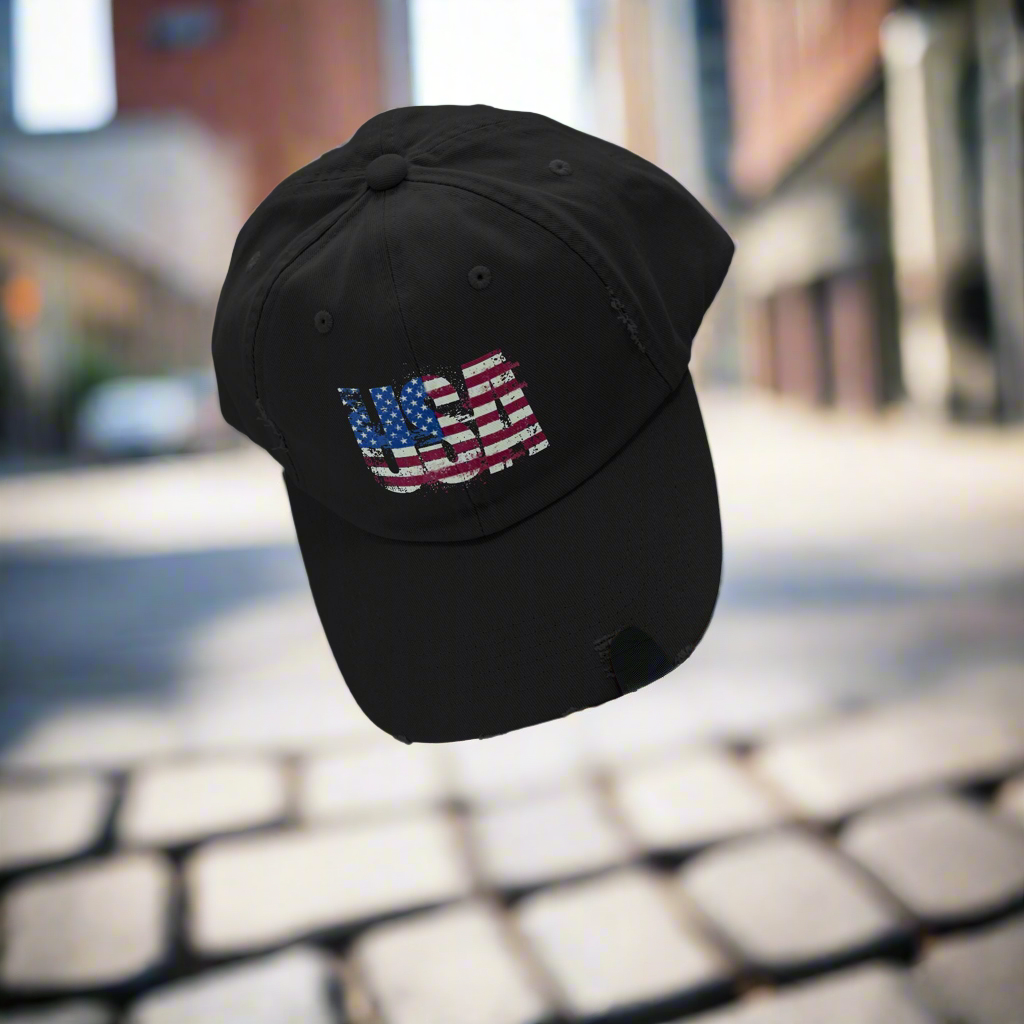 USA Distressed Flag Cap - Unisex Cotton Twill Hat - Patriotic Headwear