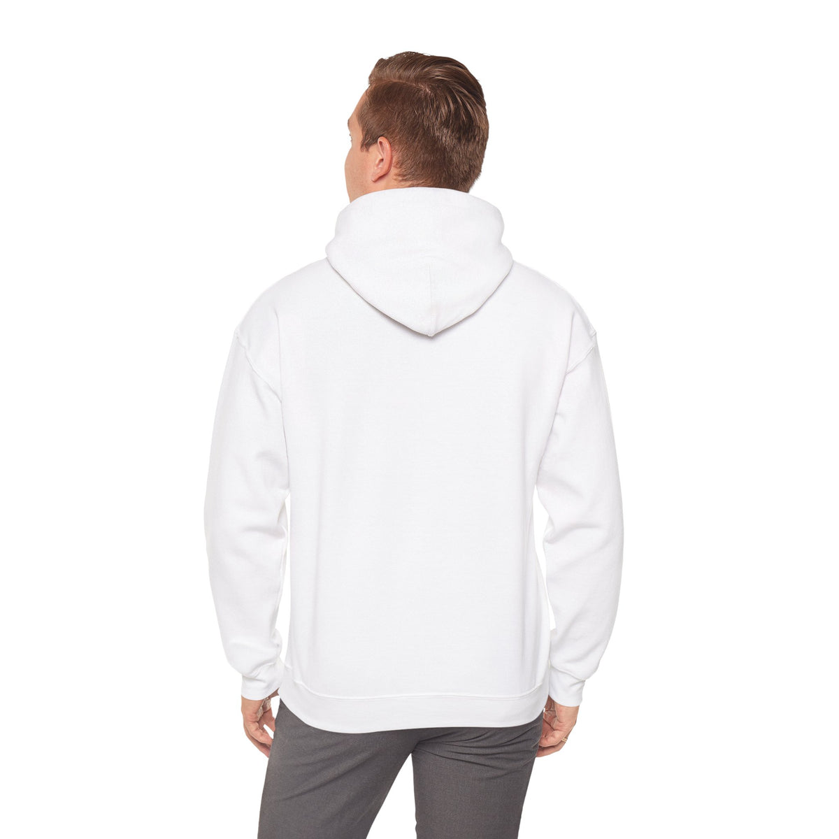 A person wearing a white hoodie is pictured from behind, standing against a white background.