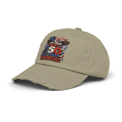 Happy 250th Birthday America Distressed Dad Hat | 1776-2026 Patriotic Eagle Flag & Fireworks Cap