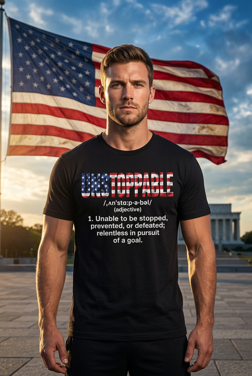A man wearing a black graphic t-shirt with an UNSTOPPABLE patriotic red, white, and blue design text on the chest, standing in front of a large American flag and a sunset sky.